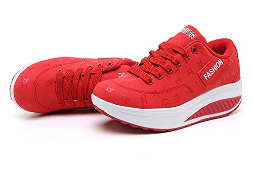 Cuña Plataforma Aptitud Zapatos Mujer Zapatillas de Deporte Casual Correr Sneaker,Rojo,EU39=CN40