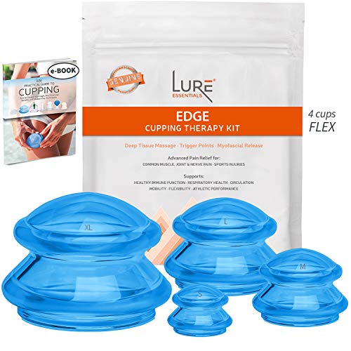 Cupping Massage Kit - the Most Recommended Therapy Set for Muscle Soreness, Pain Relief, Injury Recovery, Toning & Cellulite - Best Quality Professional Medical Grad - 4 Cups, Blue