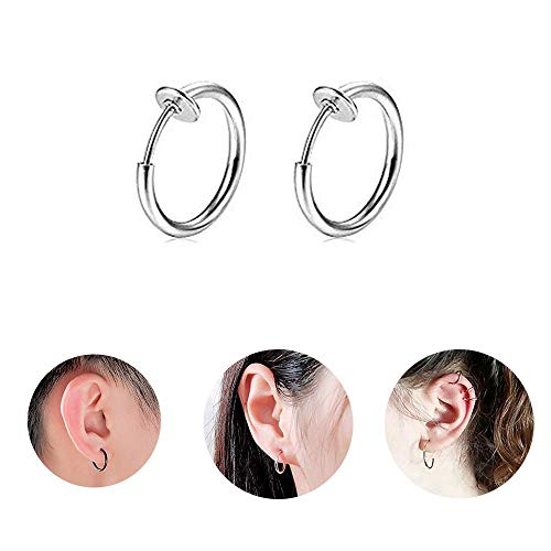 Cwlgood - Pendientes retráctiles sin necesidad de piercing para mujer, labio sintético, anillo de septum, pendientes de aro sin fin de primavera, lóbulos sin perforación, estilo hip-hop (plata, 12 mm)