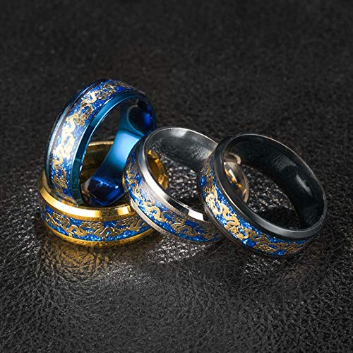 Daesar Anillos Boda Mujer Patrón de Dragón Oro Anillos Hombre Acero Inoxidable Azul Anillo Talla 22