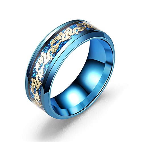 Daesar Anillos Boda Mujer Patrón de Dragón Oro Anillos Hombre Acero Inoxidable Azul Anillo Talla 22