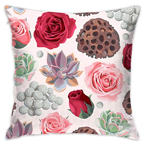DAIAII Decorativas para Almohada, Velvet Throw Pillow Cases Succulent and Roses Pink Red Pillow Covers Decorative 18x18 in Pillowcase Cushion Covers with Zipper