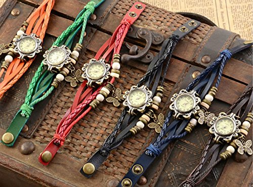 DaoRier 1pc Accesorios de Moda Retro Weave Wrap Around Pulsera de Cuero con Mariposa Colgante Lady Reloj de Pulsera de Mujer Cuarzo Nature Stlye Reloj