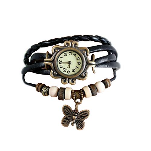 DaoRier 1pc Accesorios de Moda Retro Weave Wrap Around Pulsera de Cuero con Mariposa Colgante Lady Reloj de Pulsera de Mujer Cuarzo Nature Stlye Reloj