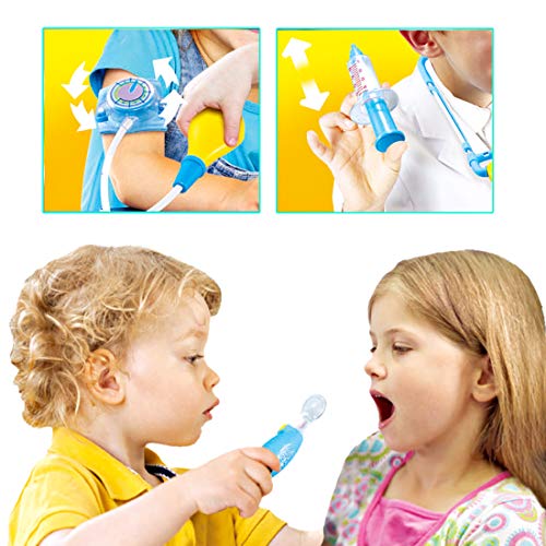deAO Maletín de Doctor y Dentista Conjunto 2en1 Doctor y Enfermería Clínica Dental Juego para Niños y Niñas Incluye 17 Accesorios Luces y Sonidos Juegos de Imitación (Azul)