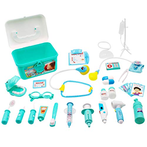 deAO Maletín de Doctor y Dentista Conjunto 2en1 Doctor y Enfermería Clínica Dental Juego para Niños y Niñas Incluye 17 Accesorios Luces y Sonidos Juegos de Imitación (Azul)