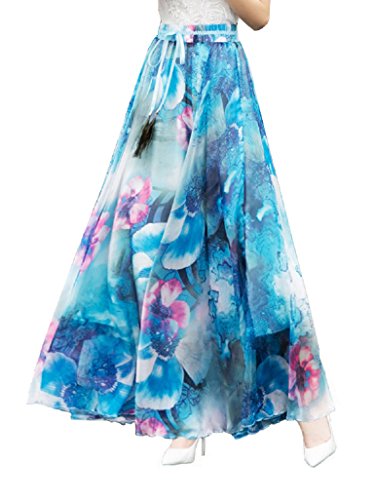 DEBAIJIA Falda Larga Mujer Maxi Bohemia Playa Vacaciones Gasa con Estampado Floral Talla Grande Cintura Elástica Azul - M