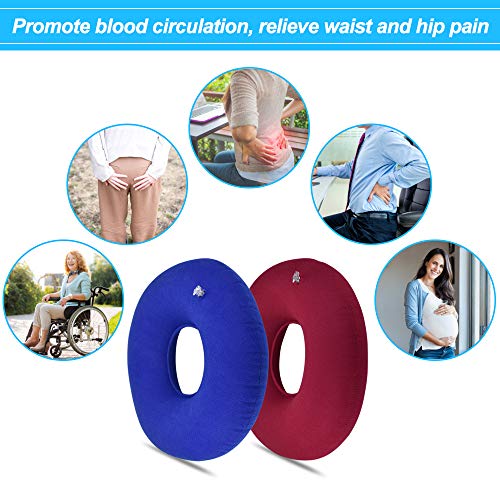 DECARETA Cojín inflable para donas de 2 piezas para sentarse Cojín para hemorroides con 2 bombas para inflar donas antiescaras para la oficina de viajes en automóvil (azul y rojo)