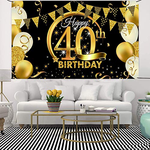 Decoración de Fiesta de 40 Cumpleaños Extra Grande Cartel Póster de Tela de 40 Años Fondo de Foto Props Pancarta de Fondo para 40 Cumpleaños Celebración Negro y Dorado 180cm*110cm (40 Años)