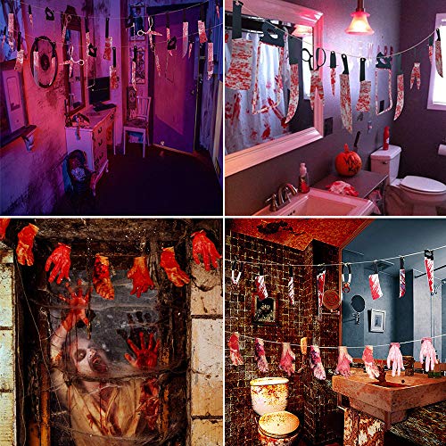 DecoracióN de Halloween, Bst4U 26PCS Cuchillo de Sangre Mano Ensangrentada Pancarta de Pie Sangriento, CalcomaníA de Ventana de Ensangrentada, Mantel Palma Ensangrentado Y Cinta de Crimen de Halloween