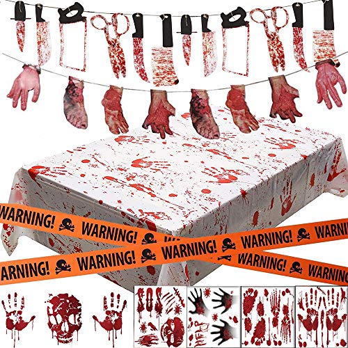 DecoracióN de Halloween, Bst4U 26PCS Cuchillo de Sangre Mano Ensangrentada Pancarta de Pie Sangriento, CalcomaníA de Ventana de Ensangrentada, Mantel Palma Ensangrentado Y Cinta de Crimen de Halloween