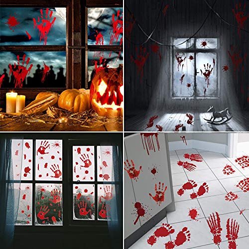 DecoracióN de Halloween, Bst4U 26PCS Cuchillo de Sangre Mano Ensangrentada Pancarta de Pie Sangriento, CalcomaníA de Ventana de Ensangrentada, Mantel Palma Ensangrentado Y Cinta de Crimen de Halloween