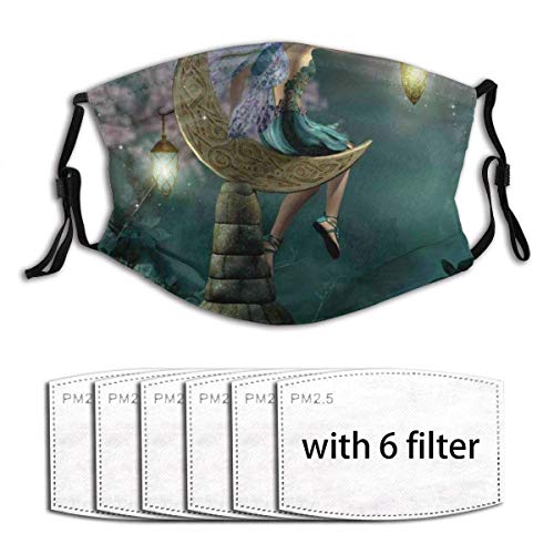 Decoración Facial Face Cover Little Pixie with Lantern Sitting On Moon Stone Fairytale Myth Kitsch Artwork Balaclava Mouth Cover with 6 Replacements