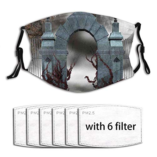 Decoración Facial Face Cover Scary Medieval Middle Age Stone Gate with Fog Full Moon and Ivy Dark Night Theme Balaclava Mouth Cover with 6 Replacements