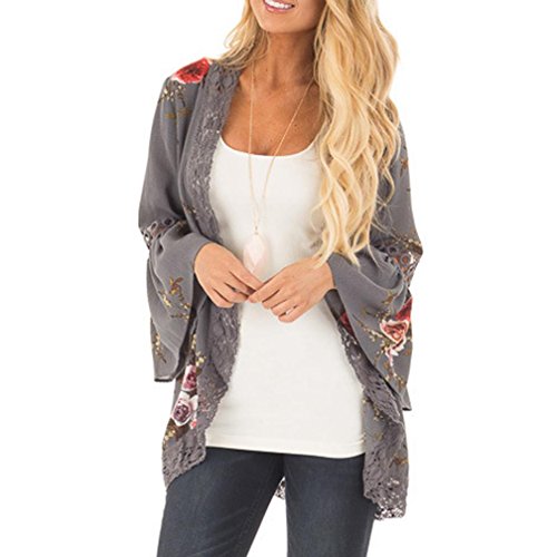 DEELIN CáRdigan Floral De Encaje para Damas Chaqueta Casual Blusa Suelta Chaqueta De Kimono Manga De La Manga De La Rebeca (XL, Gris)