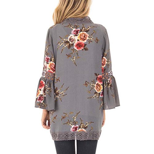DEELIN CáRdigan Floral De Encaje para Damas Chaqueta Casual Blusa Suelta Chaqueta De Kimono Manga De La Manga De La Rebeca (XL, Gris)
