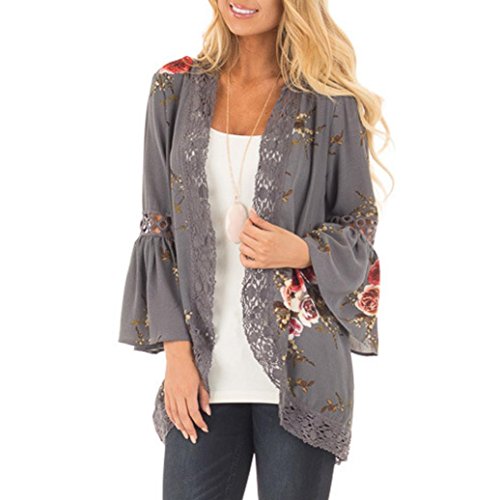 DEELIN CáRdigan Floral De Encaje para Damas Chaqueta Casual Blusa Suelta Chaqueta De Kimono Manga De La Manga De La Rebeca (XL, Gris)