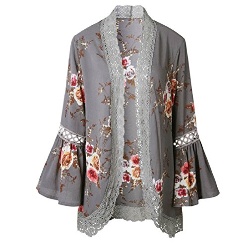 DEELIN CáRdigan Floral De Encaje para Damas Chaqueta Casual Blusa Suelta Chaqueta De Kimono Manga De La Manga De La Rebeca (XL, Gris)