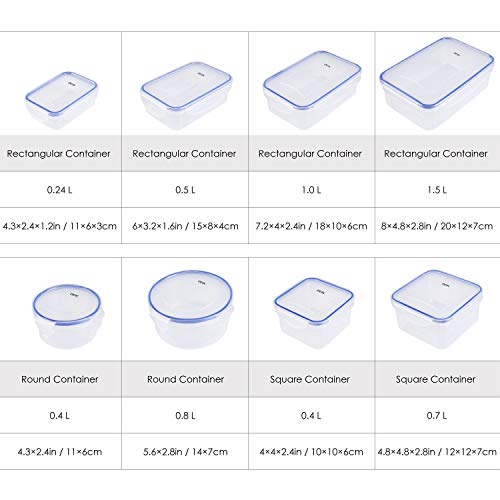 DEIK Fiambreras, Contenedores de Alimentos, Set de Recipientes Herméticos, 8 Piezas, Sin BPA, Apta para lavavajillas, congelador, Tamaños variados, Color transparente