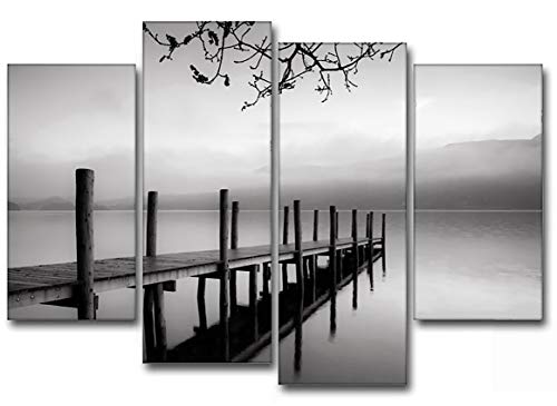 DekoArte 167 - Cuadros Modernos Impresión de Imagen Artística Digitalizada | Lienzo Decorativo para Tu Salón o Dormitorio | Estilo Zen Blanco y Negro Paisaje de Agua Embarcadero | 4 Piezas 120x90cm