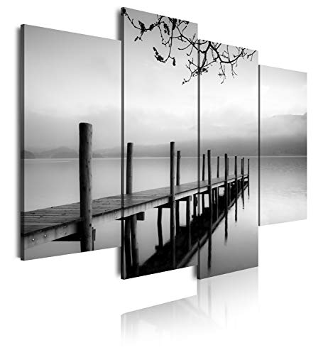 DekoArte 167 - Cuadros Modernos Impresión de Imagen Artística Digitalizada | Lienzo Decorativo para Tu Salón o Dormitorio | Estilo Zen Blanco y Negro Paisaje de Agua Embarcadero | 4 Piezas 120x90cm