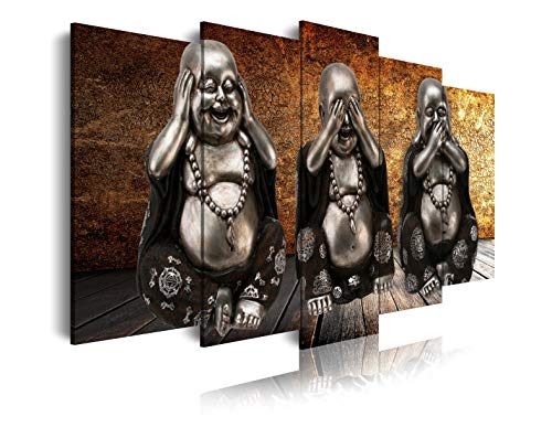 DekoArte 186 - Cuadros Modernos Impresión de Imagen Artística Digitalizada | Lienzo Decorativo Para Tu Salón o Dormitorio | Estilo Zen 3 Budas Ver Oír y Callar Fondo De Madera | 5 Piezas 200x100cm XXL