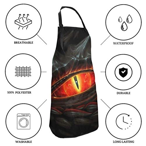 Delantal unisex, impermeable, duradero, ajustable, brillante, ojos rojos, dragón negro, delantales de cocina digital, delantal negro con bolsillos para lavar platos, barbacoa, restaurante, jardín