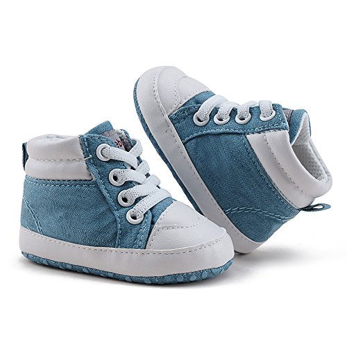 DELEBAO Botas de Bebé Zapatitos de Recien Nacido Primeros Pasos Zapatos para Caminar Zapatillas Bebe con Suela Blanda Botines para Bebes Niña Niño (Azul Claro,6-12 Meses)