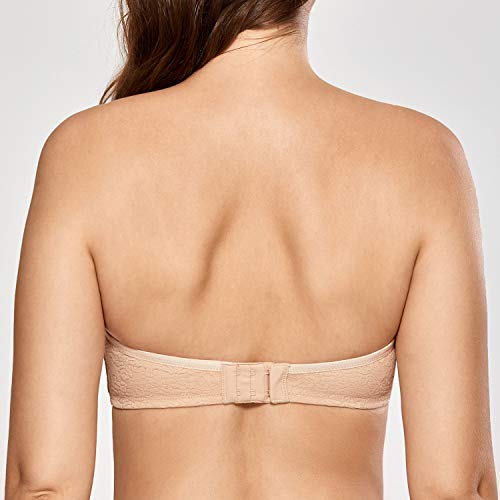 DELIMIRA - Sujetador de Encaje sin Tirantes y sin Relleno con Aros para Mujer Beige 105C