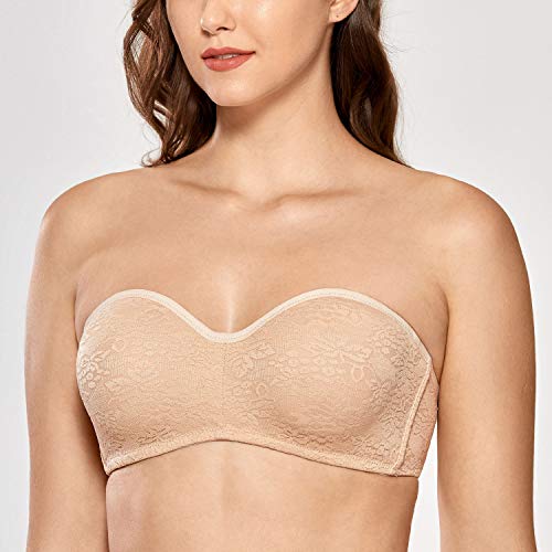 DELIMIRA - Sujetador de Encaje sin Tirantes y sin Relleno con Aros para Mujer Beige 105C