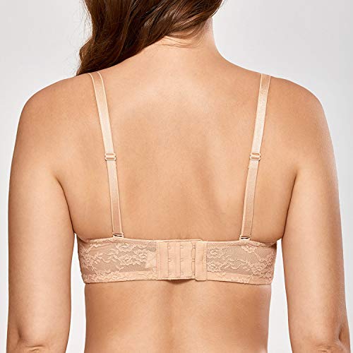 DELIMIRA - Sujetador sin Tirantes en Encaje con Aros con Relleno para Mujer Beige 90B