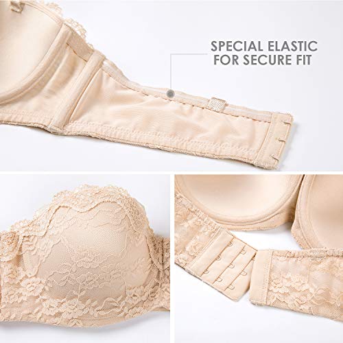 DELIMIRA - Sujetador sin Tirantes en Encaje con Aros con Relleno para Mujer Beige 90B