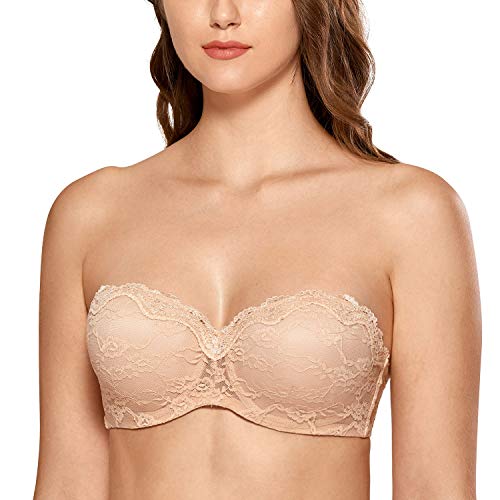 DELIMIRA - Sujetador sin Tirantes en Encaje con Aros con Relleno para Mujer Beige 90B