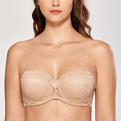 DELIMIRA - Sujetador sin Tirantes en Encaje con Aros con Relleno para Mujer Beige 90B