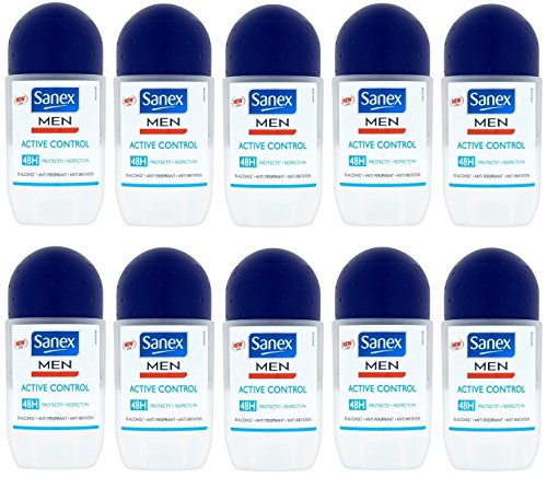 Desodorante antitranspirante de hombre, Sanex Men Active, sistema Roll-On, x 10 unidades de 50 ml.