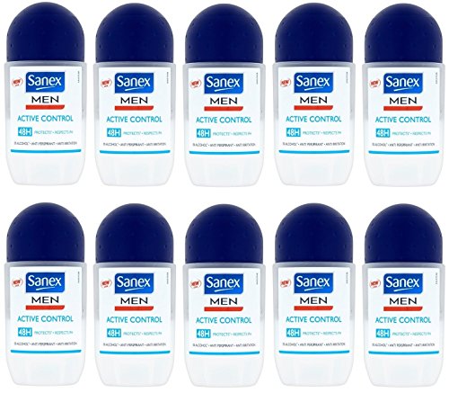 Desodorante antitranspirante de hombre, Sanex Men Active, sistema Roll-On, x 10 unidades de 50 ml.