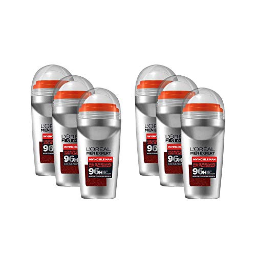 Desodorante L'Oréal Men Expert Roll-On, pack de 6 unidades de Invincible Man, desodorante deportivo para hombres, controla la sequedad y el olor corporal (6 x 50 ml)