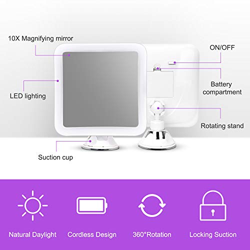 DeWEISN Espejo de Aumento con Luz, Espejo de Maquillaje con Ventosa LED Natural Rotación de 360° Espejo Cosmético Iluminado Aumento 10X Portátil para Viajes y Baño (Cuadrado)