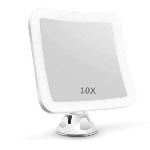 DeWEISN Espejo de Aumento con Luz, Espejo de Maquillaje con Ventosa LED Natural Rotación de 360° Espejo Cosmético Iluminado Aumento 10X Portátil para Viajes y Baño (Cuadrado)