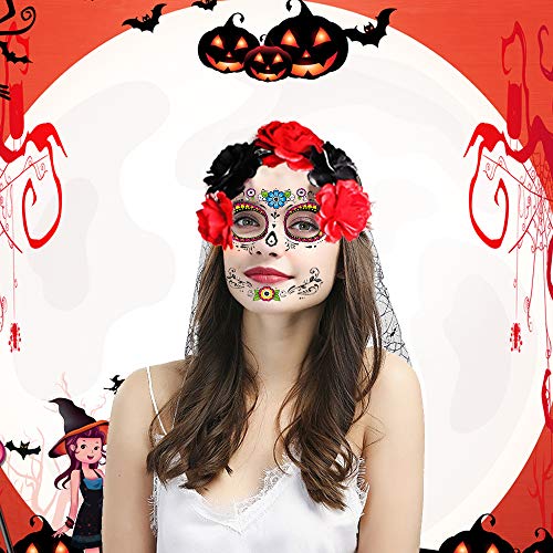 Día de los Muertos/Decoraciones de Halloween 1PCS Festival Diadema Diadema de Gasa Flores y 1PC Festival Cara Tatuajes temporales para el Día de los Muertos Maquillaje Accesorios