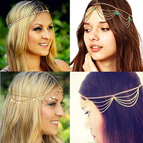 Diademas para la cabeza (4 unidades), color turquesa, pelo bohemio, accesorio, para mujeres y niñas, de BlueSpace