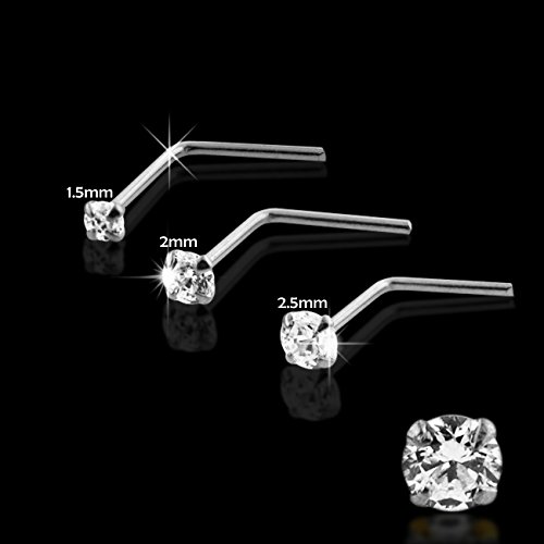 Diente de Oro Blanco de 9 K Conjunto 2,5 MM Redonda Piedra de la CZ 22 Calibre L Curva Nariz Stud Piercing