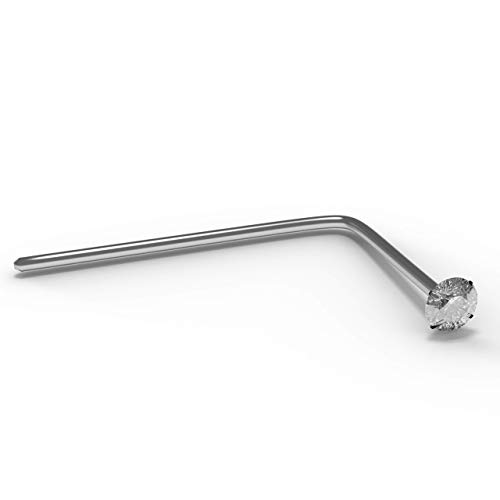 Diente de Oro Blanco de 9 K Conjunto 2,5 MM Redonda Piedra de la CZ 22 Calibre L Curva Nariz Stud Piercing