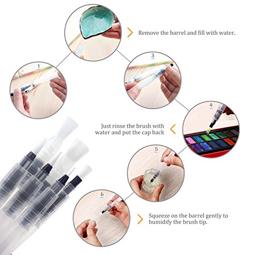 DigHealth 6 Piezas Pincel de Agua by, Water Brush Recargable con Deposito de Agua Rellenable, Rotuladores Acuarelables con Paleta de Pintura de Mezcla, con Punta Fina y Piso, para Pintura Artistica
