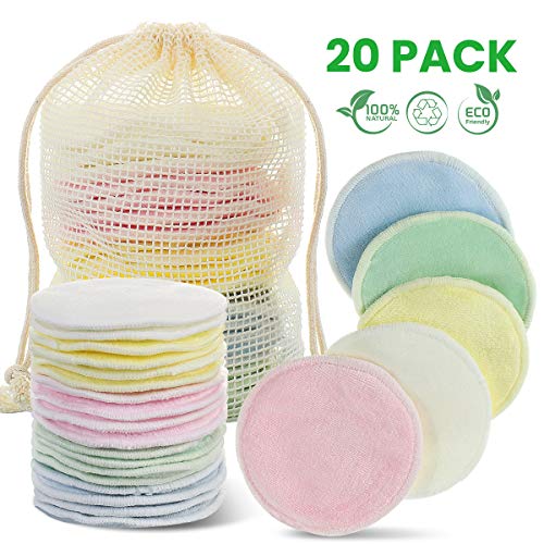 Discos Desmaquillantes Reutilizables, Godmorn 20 Pcs Almohadillas Desmaquillantes de Algodones,Con Bolsa de Lavado,Hechos en Fibra de Bambú, Aptos Para Todo Tipo de Pieles y Bebés