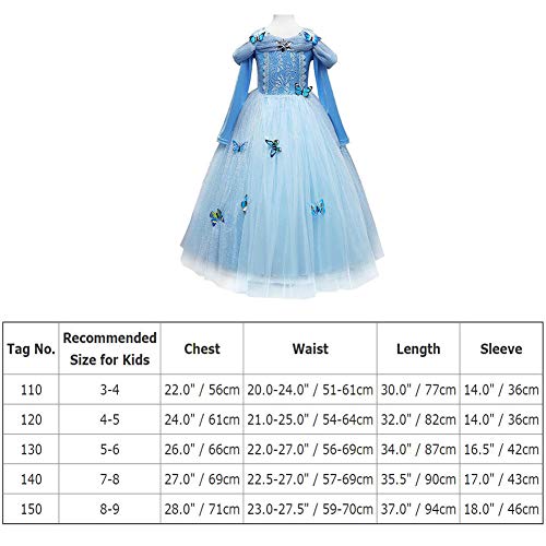 Disfraz Cenicienta Niña Cinderella Dress Princesa Carnaval Traje de Princesa para Halloween Navidad Fiesta Cumpleaños Cosplay Mariposa Costume para Niñas Bebé Chicas 3-9 Años 8-9 Años