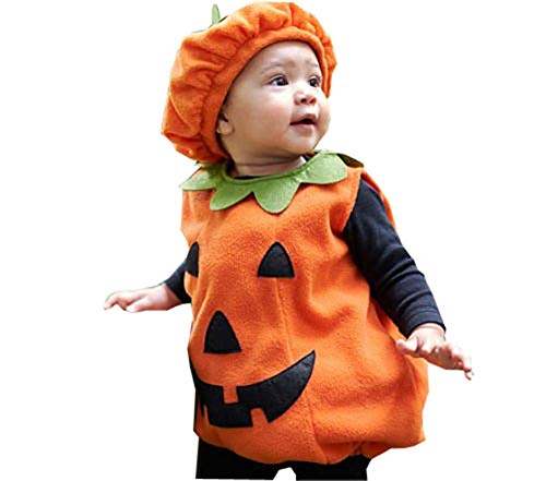 Disfraz Halloween Bebé Conjunto Traje 2 Piezas Mameluco de Calabaza sin Manga + Sombrero Ropa Niñas para Fiesta Fotografía (Naranja, 6-12 Meses)