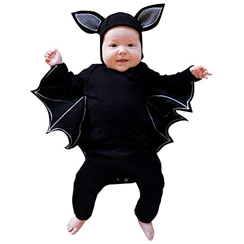 Disfraz Halloween Niña Niño Bebe Fossen Recién Nacido Bebé Monos de Manga murciélago Tops con Sombrero de Oreja (6 Meses, B)