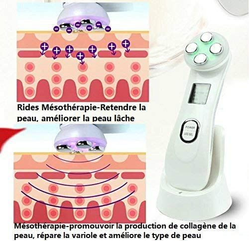 Dispositivo de belleza, masaje y mesoterapia por ultrasonido con 6 modos y luz led, recargable mediante USB, para tratamiento de arrugas, acné y rejuvenecimiento con iones y protones