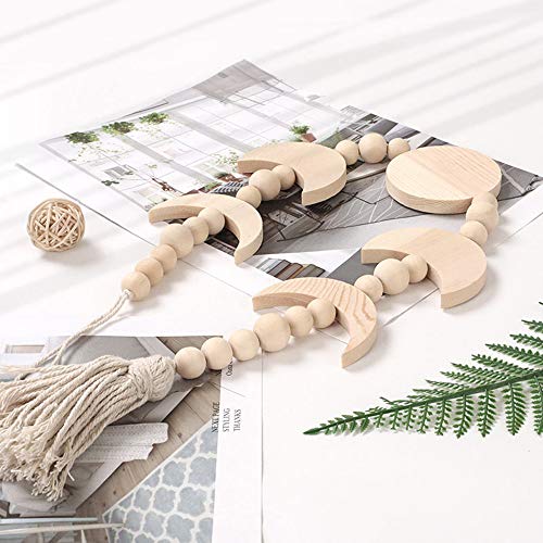 DIYARTS Madera Fase Lunar Decoración de La Pared Colgante Bohemio Arte de La Pared Madera Luna Guirnalda Cuentas Borla Adornos para El Dormitorio Boda Apartamento Decoración de La Pared